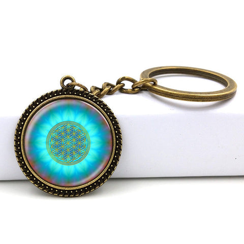 New Blue Flower Of Life Key Ring Art Glass Pendant Mandala Key Chain Sacred Geometry Keychain handmade Jewelry For Women Gifts