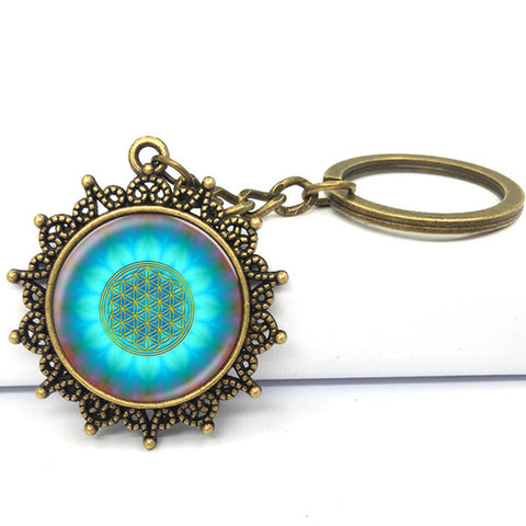 New Blue Flower Of Life Key Ring Art Glass Pendant Mandala Key Chain Sacred Geometry Keychain handmade Jewelry For Women Gifts